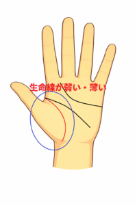 生命線が弱い・薄い手相の意味や特徴について書いた解説記事画像です。
