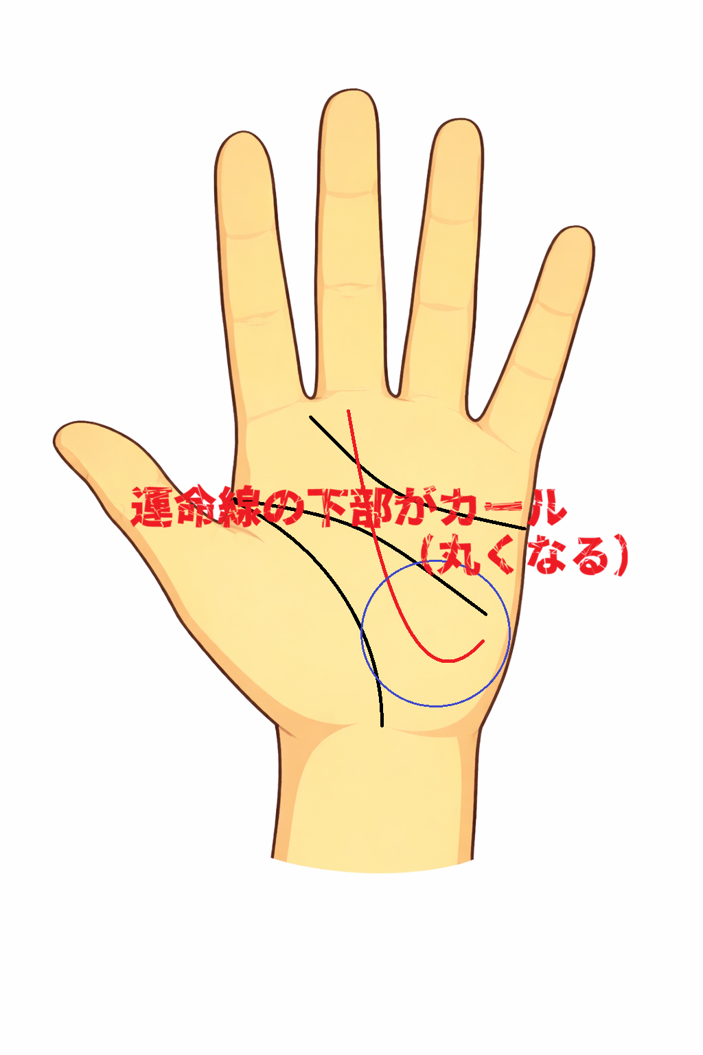 運命線の下部がカールして丸くなる手相