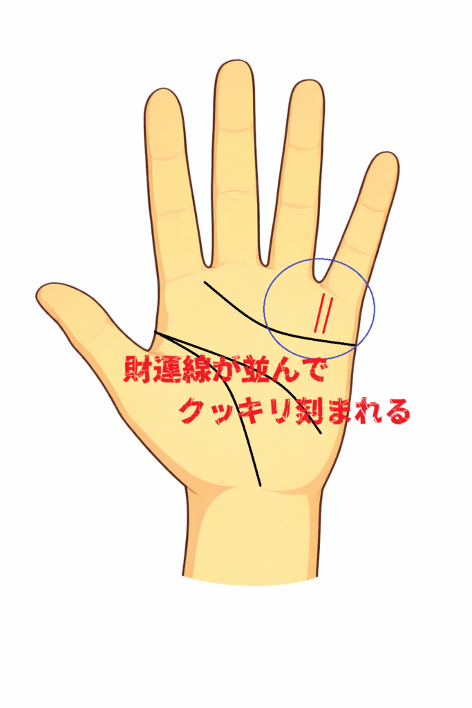財運線が2本並んで濃く刻まれる手相についての解説記事画像です。
